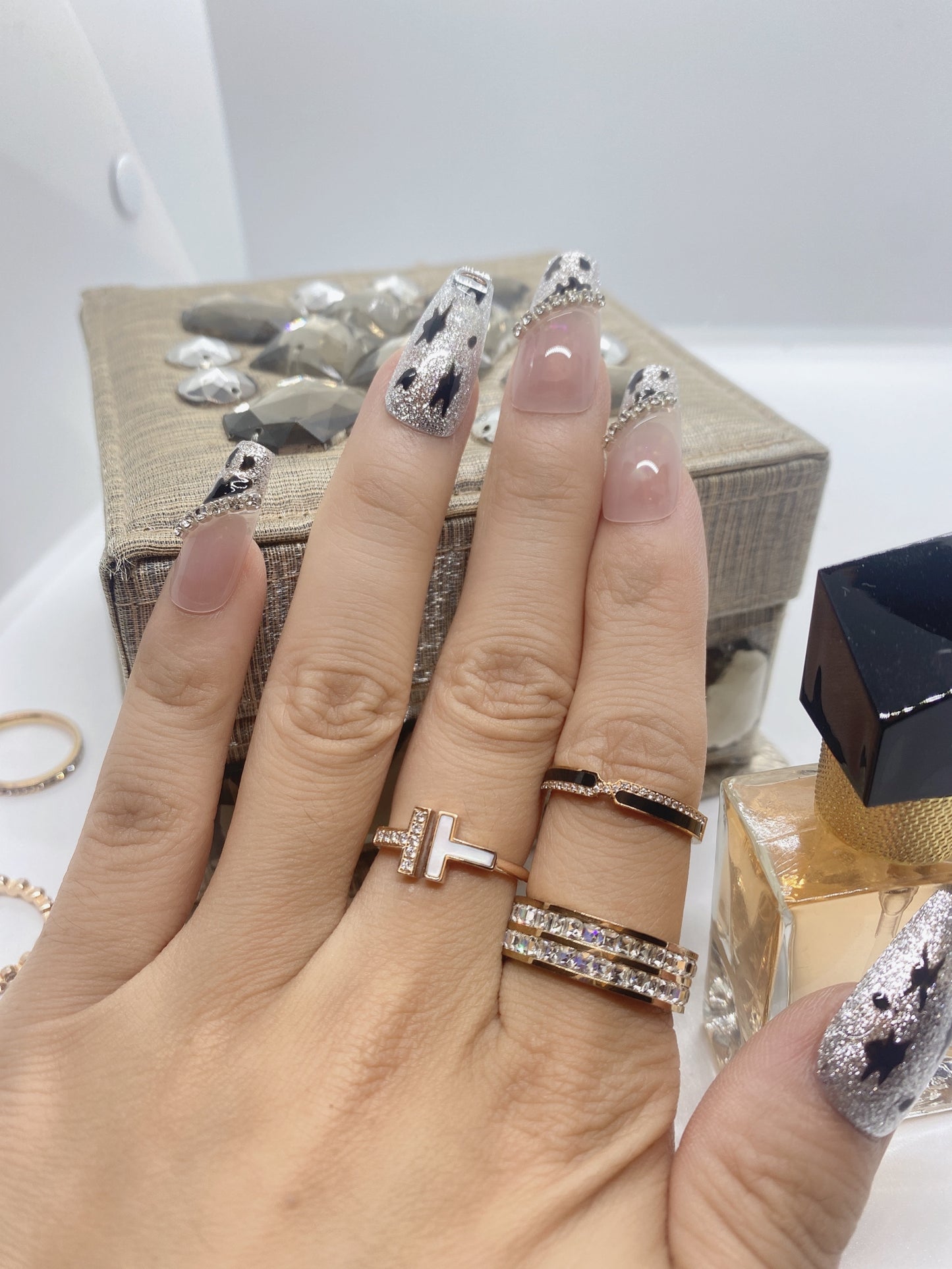 10 pcs luxury coffin painted leopard print press on nail with flash diamond crystal Rhinestones