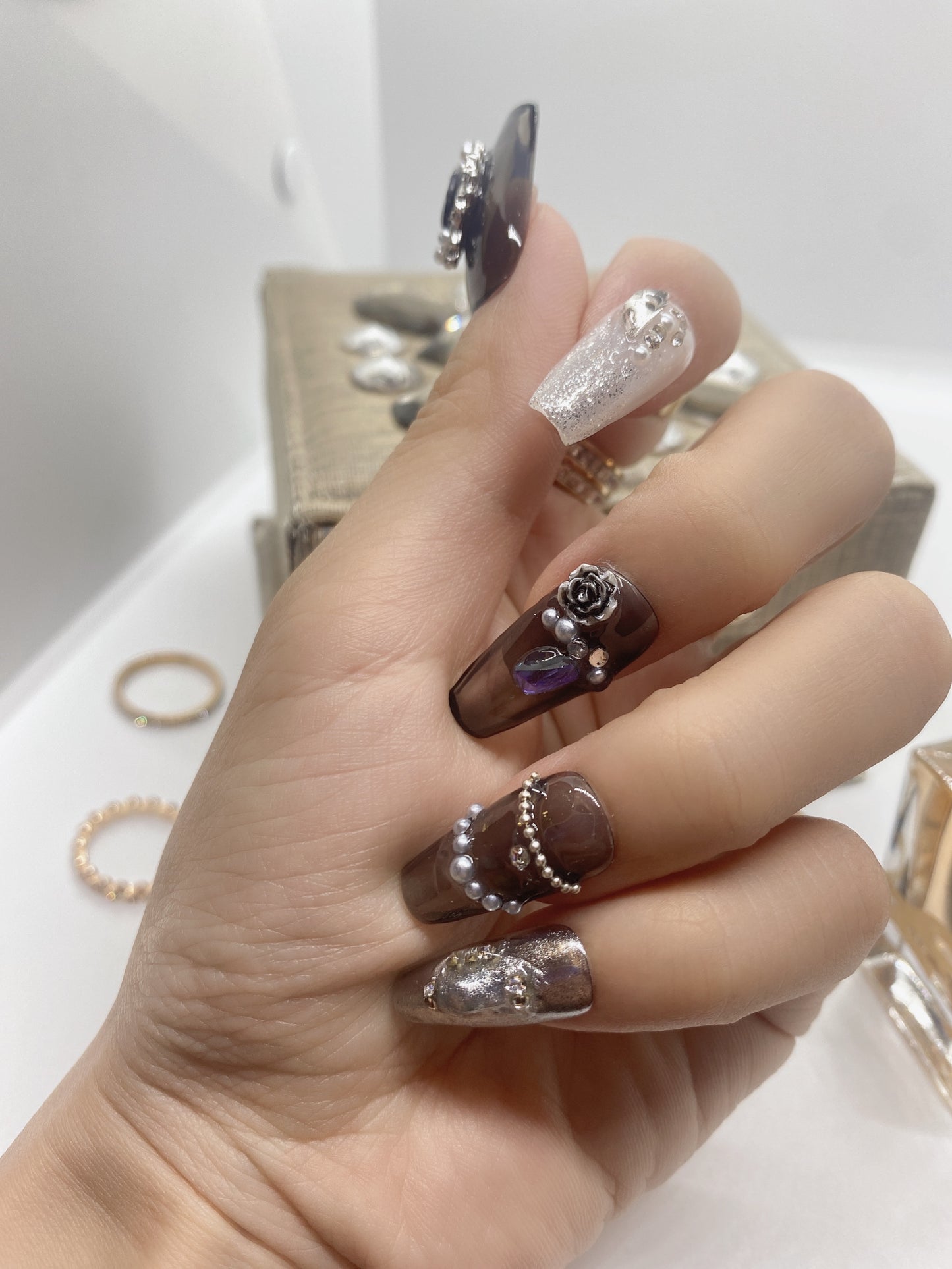 10 pcs coffin fake press on nail retro luxury Customized painted nail flash diamond crystal Rhinestones