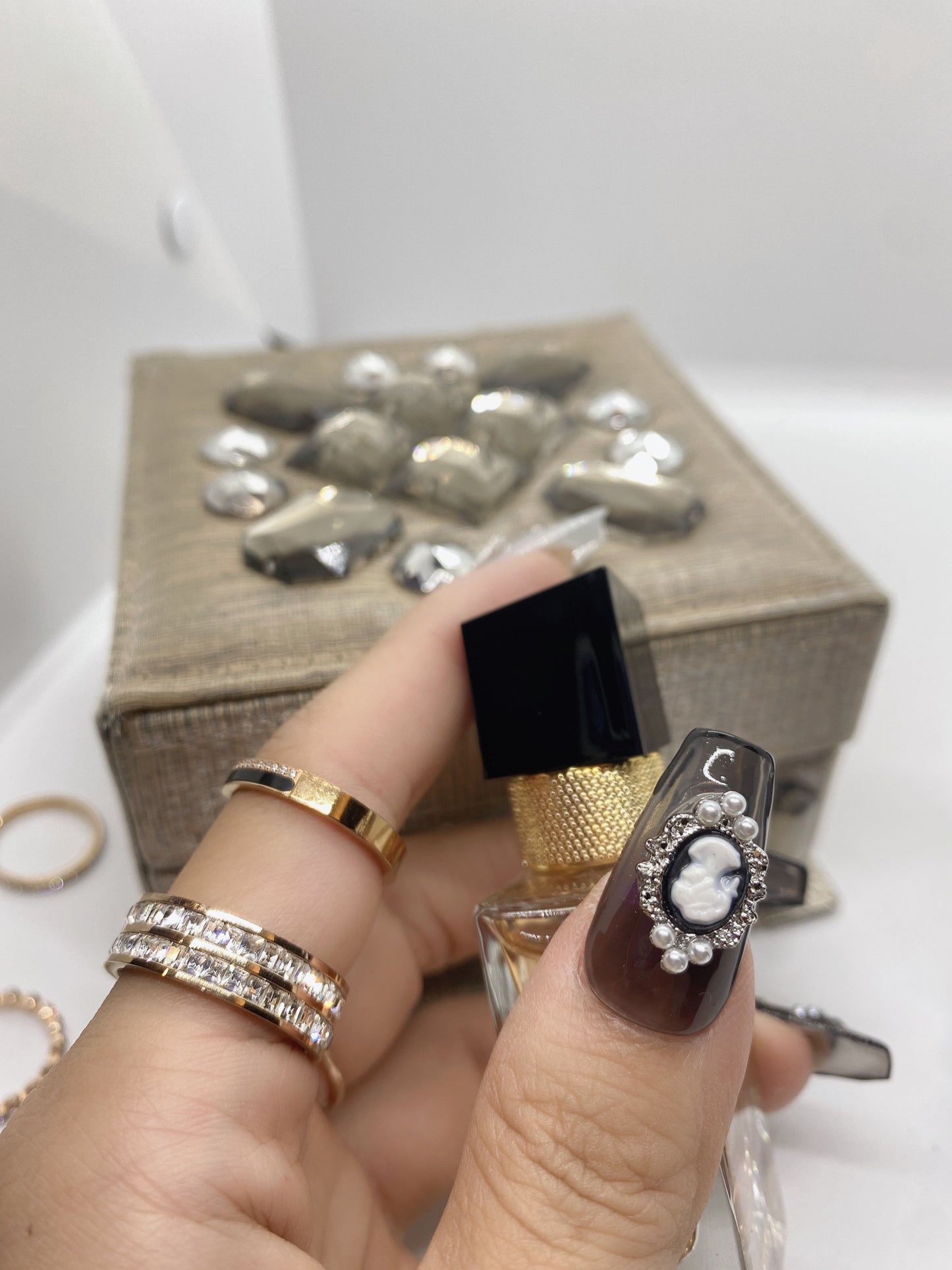 10 pcs coffin fake press on nail retro luxury Customized painted nail flash diamond crystal Rhinestones