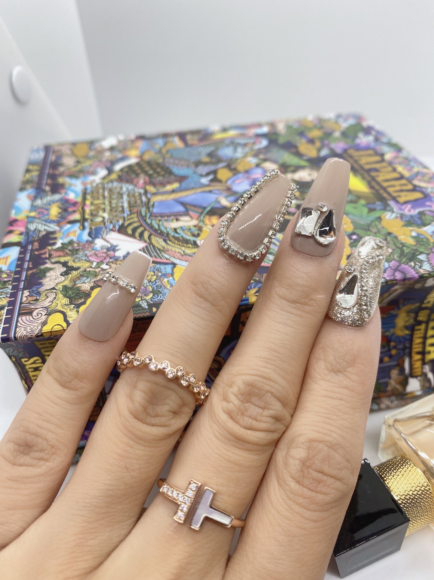 10 pcs customized painted press on nail orchid smoke flash Rhinestones