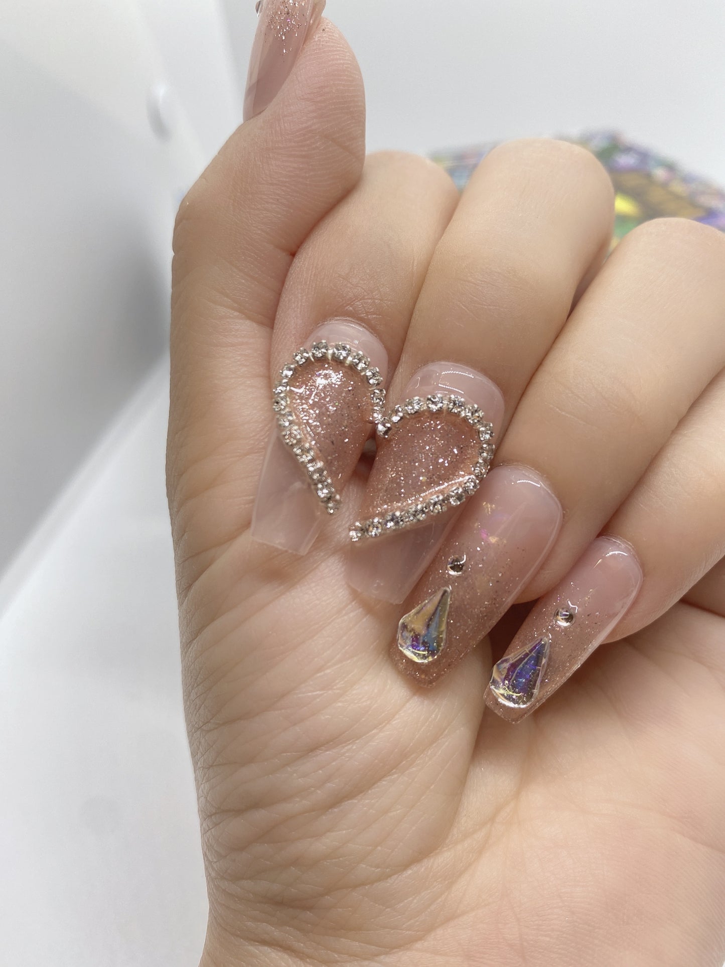 10 pcs customized hand painted coffin fake press on nail luxury flash heart style diamond crystal Rhinestones for party