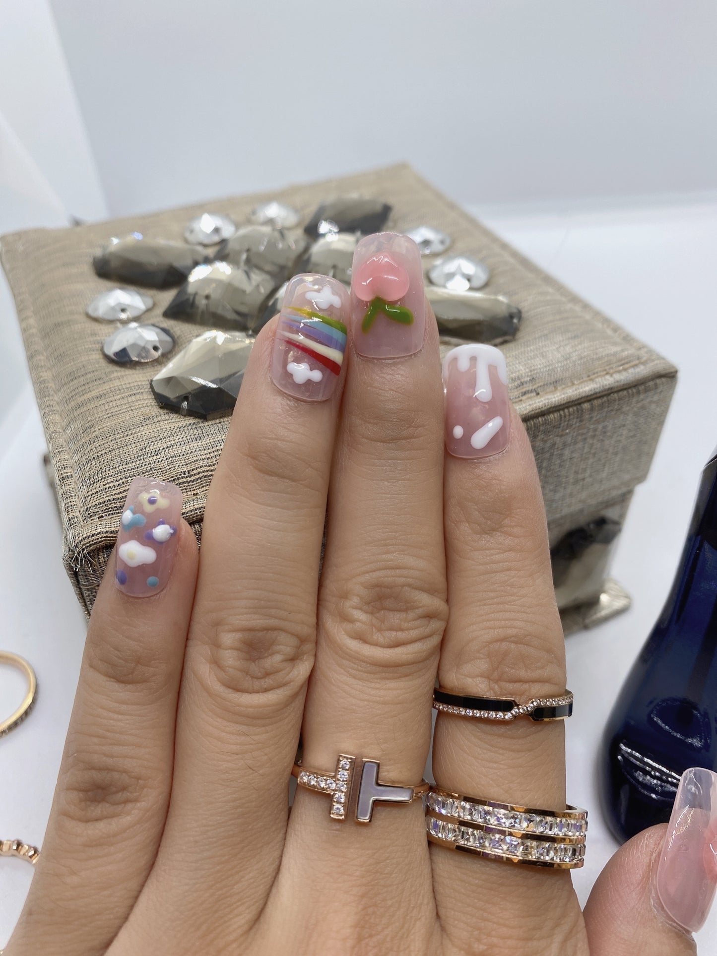 10 pcs customized fake coffin press on nail hand painted flesh pink adorable peach with rainbow for birthday