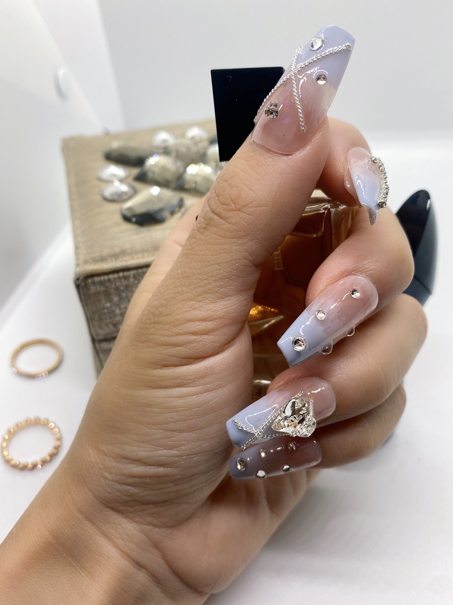 10 pcs luxury Gradient light blue coffin fake press on nail customized nail flash diamond cross Rhinestones