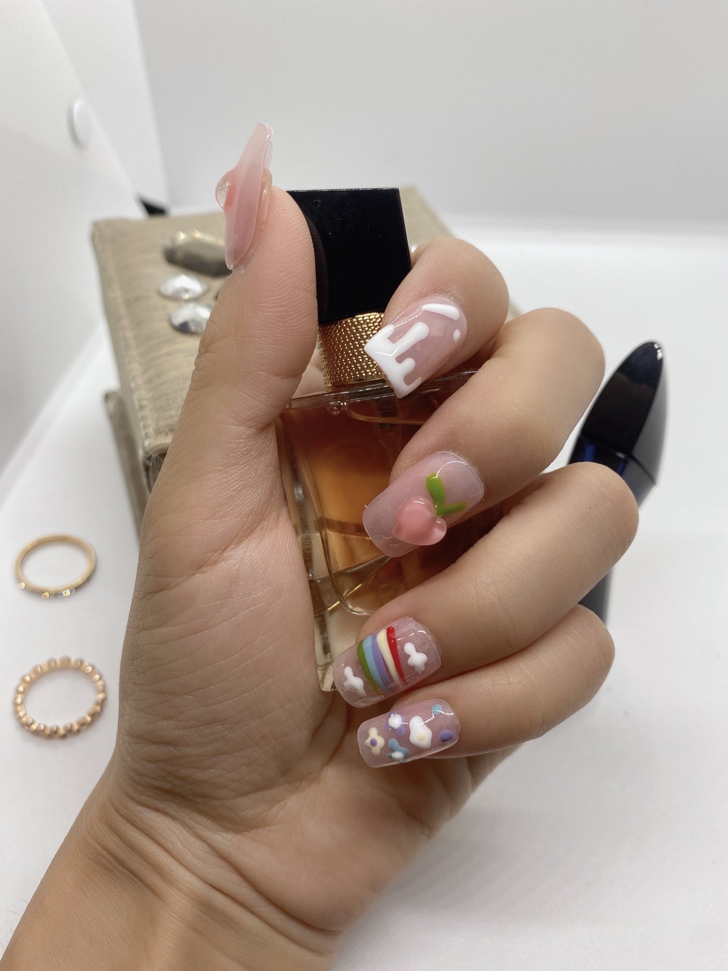 10 pcs customized fake coffin press on nail hand painted flesh pink adorable peach with rainbow for birthday