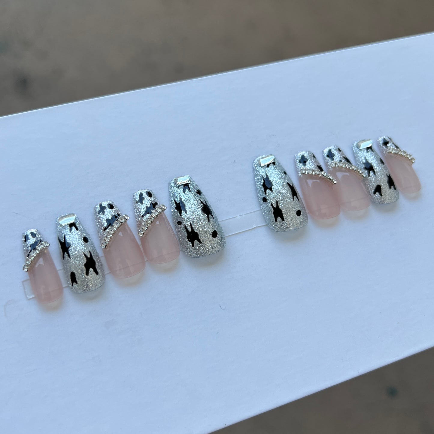 10 pcs luxury coffin painted leopard print press on nail with flash diamond crystal Rhinestones