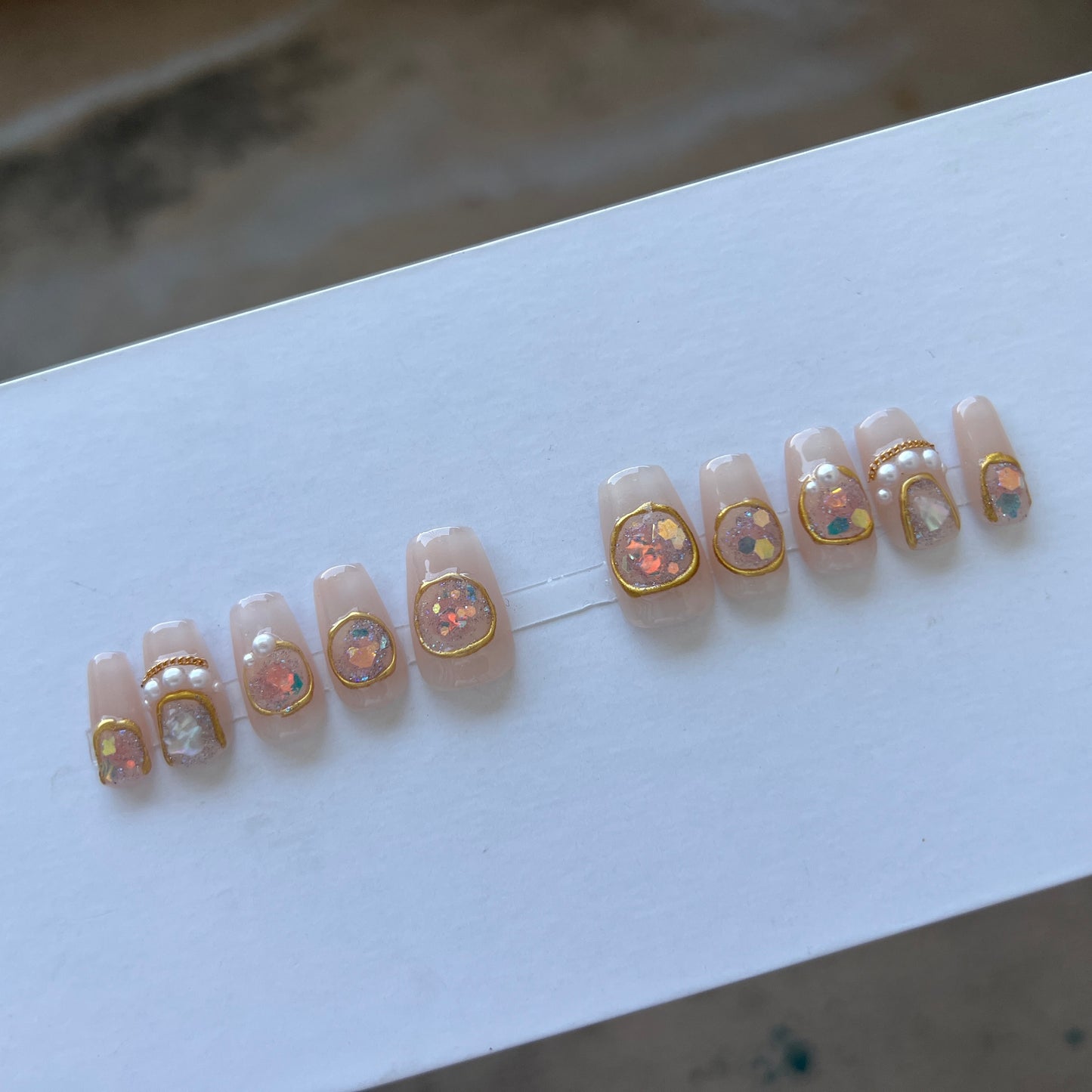 10 pcs luxury painted coffin fake press on nail pink mermaid nail Pearlescent