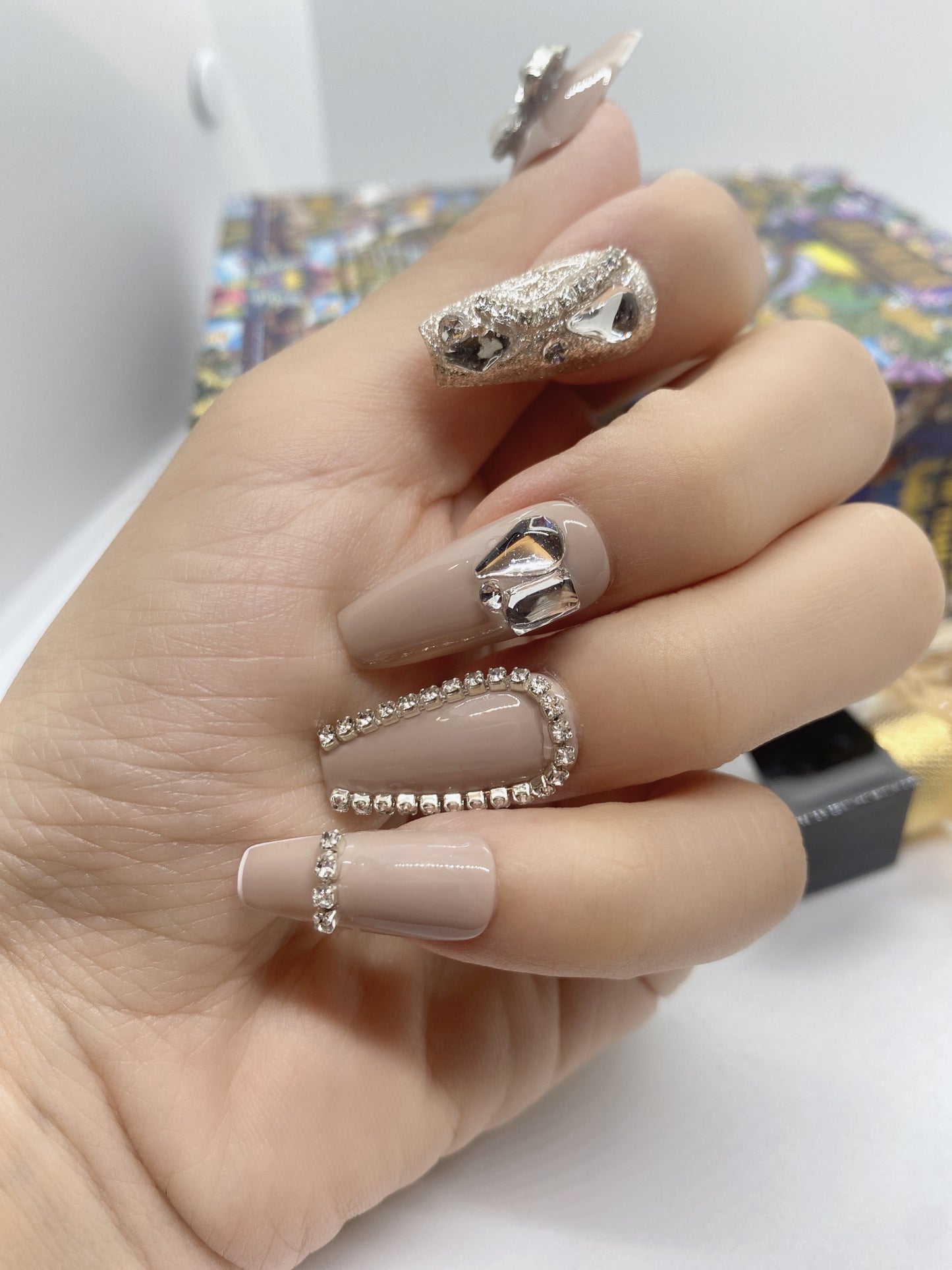 10 pcs customized painted press on nail orchid smoke flash Rhinestones