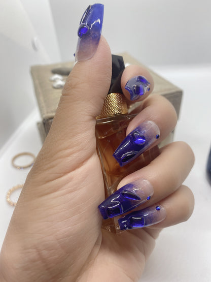 10 pcs luxury Customized hand painted fake nail coffin press on nail Klein blue with flash diamond crystal Rhinestones