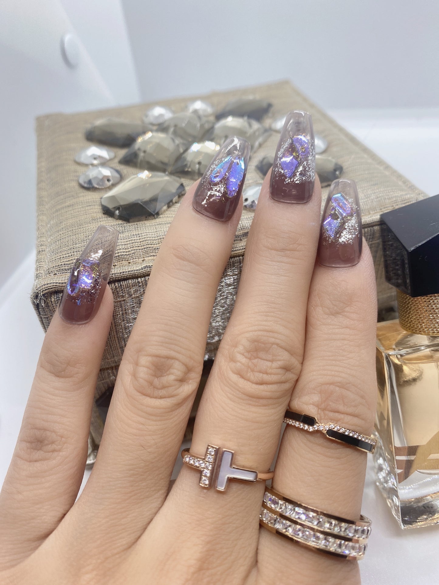 10 pcs coffin hand painted fairy press on nail with Flash Diamond Crystal rhinestones