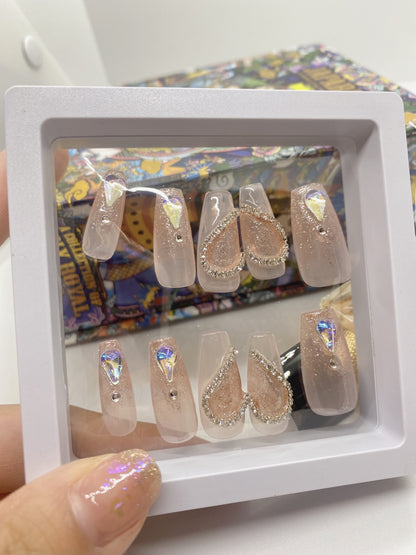 10 pcs customized hand painted coffin fake press on nail luxury flash heart style diamond crystal Rhinestones for party