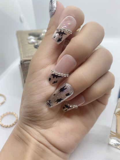 10 pcs luxury coffin painted leopard print press on nail with flash diamond crystal Rhinestones