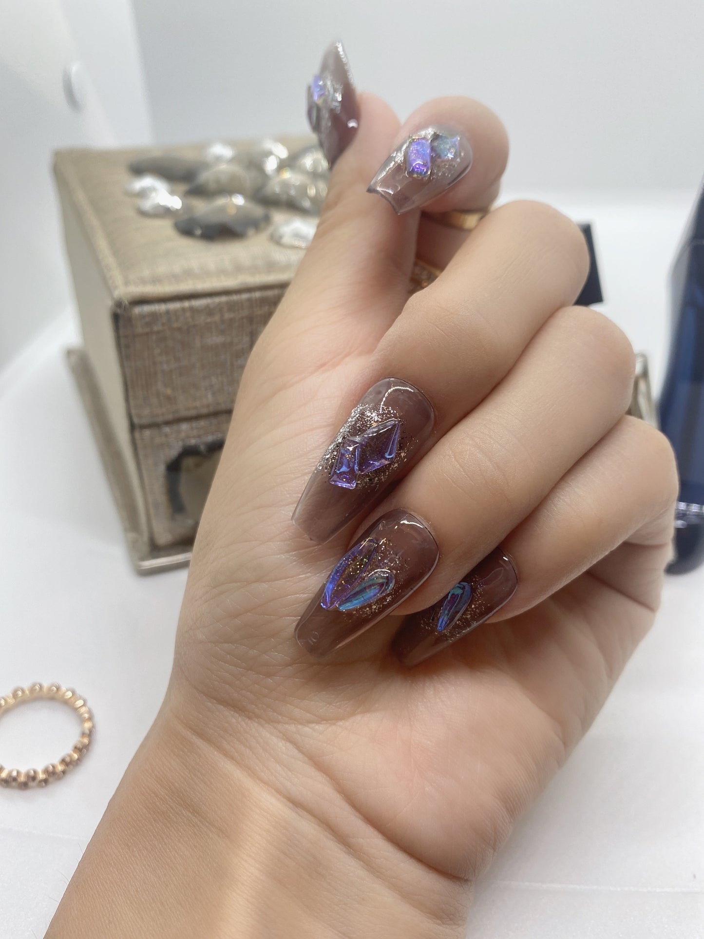 10 pcs coffin hand painted fairy press on nail with Flash Diamond Crystal rhinestones