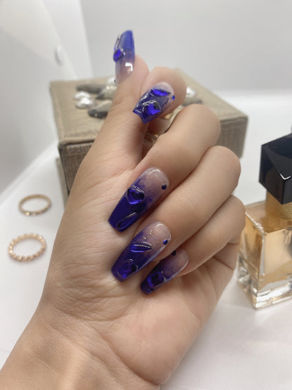 10 pcs luxury Customized hand painted fake nail coffin press on nail Klein blue with flash diamond crystal Rhinestones