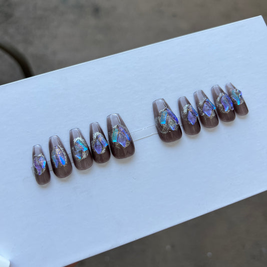 10 pcs coffin hand painted fairy press on nail with Flash Diamond Crystal rhinestones
