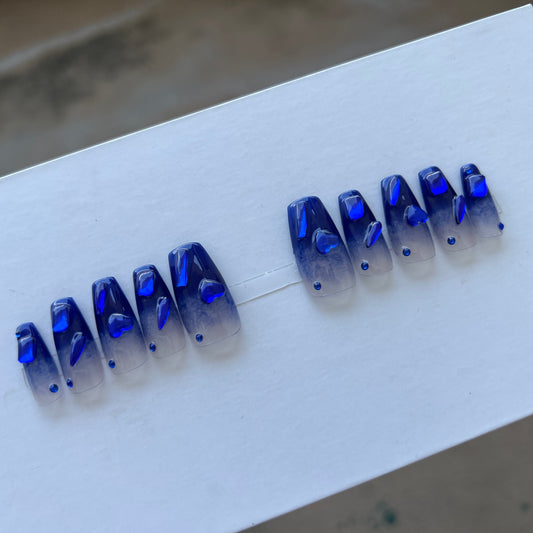 10 pcs luxury Customized hand painted fake nail coffin press on nail Klein blue with flash diamond crystal Rhinestones