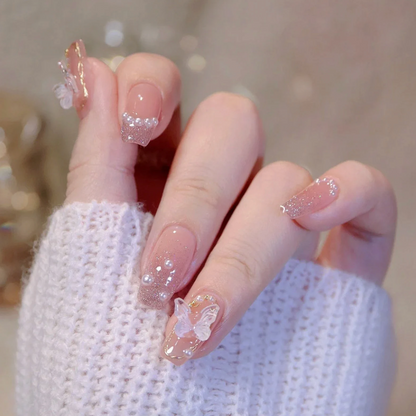 3D Butterfly On The White Pearl Baby Boomer Gel Press on Nail