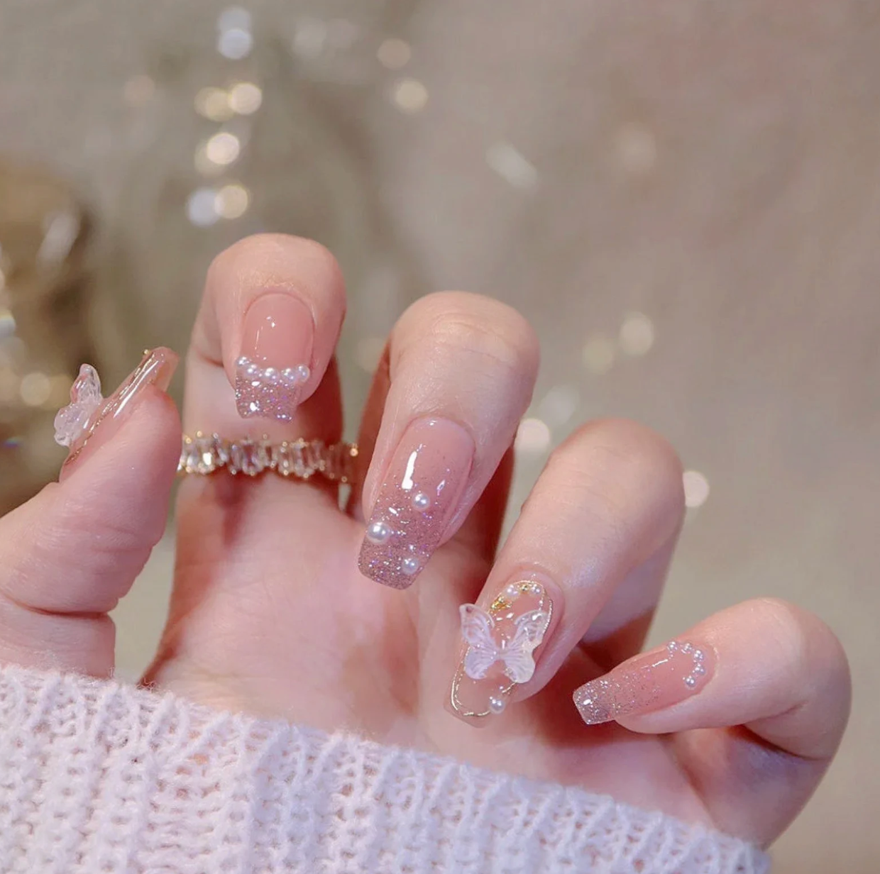 3D Butterfly On The White Pearl Baby Boomer Gel Press on Nail