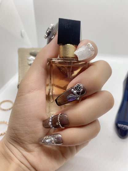 10 pcs coffin fake press on nail retro luxury Customized painted nail flash diamond crystal Rhinestones