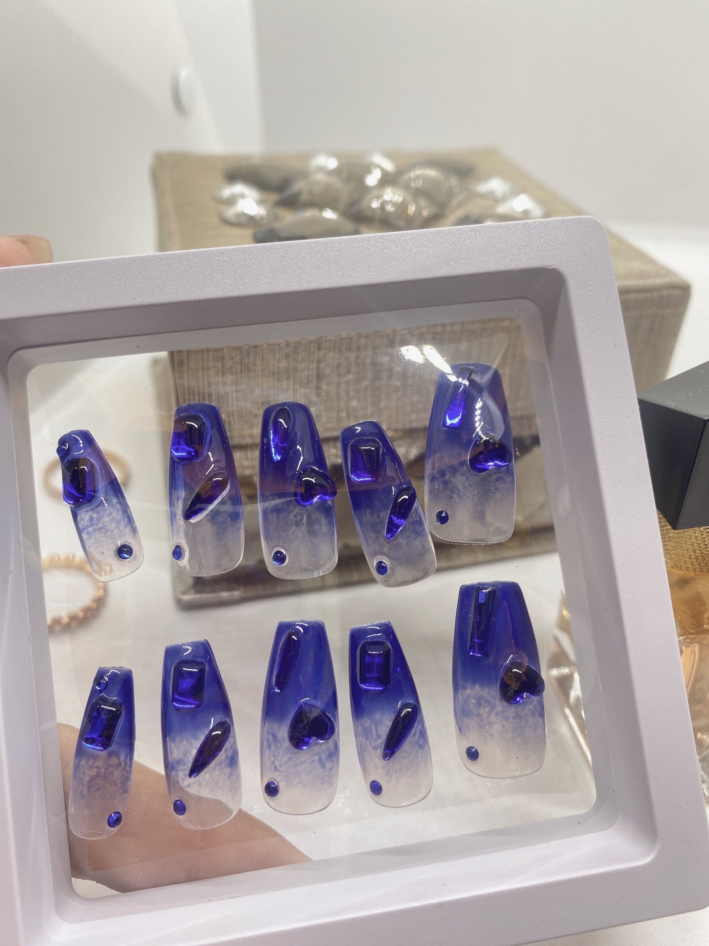 10 pcs luxury Customized hand painted fake nail coffin press on nail Klein blue with flash diamond crystal Rhinestones