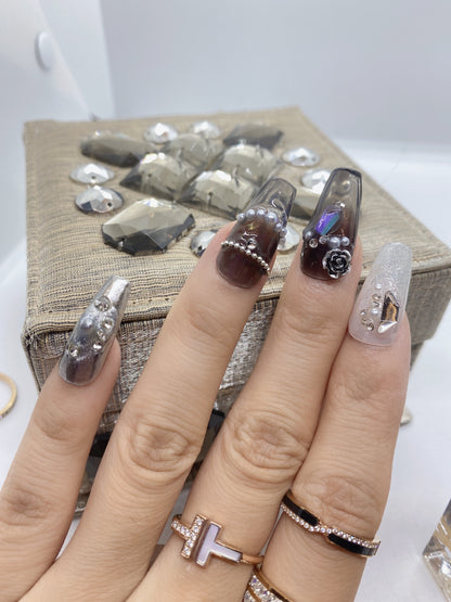 10 pcs coffin fake press on nail retro luxury Customized painted nail flash diamond crystal Rhinestones