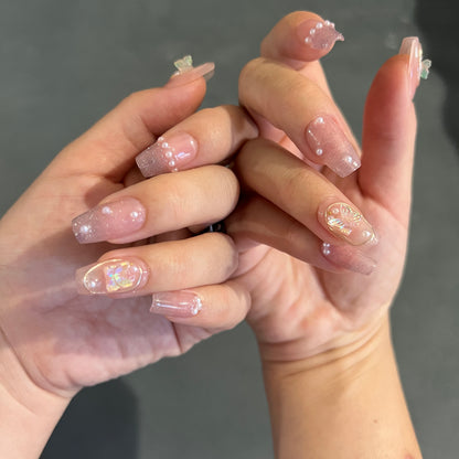 3D Butterfly On The White Pearl Baby Boomer Gel Press on Nail