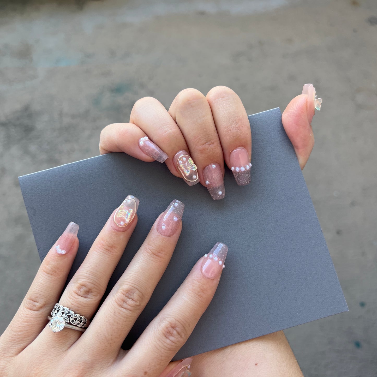 3D Butterfly On The White Pearl Baby Boomer Gel Press on Nail