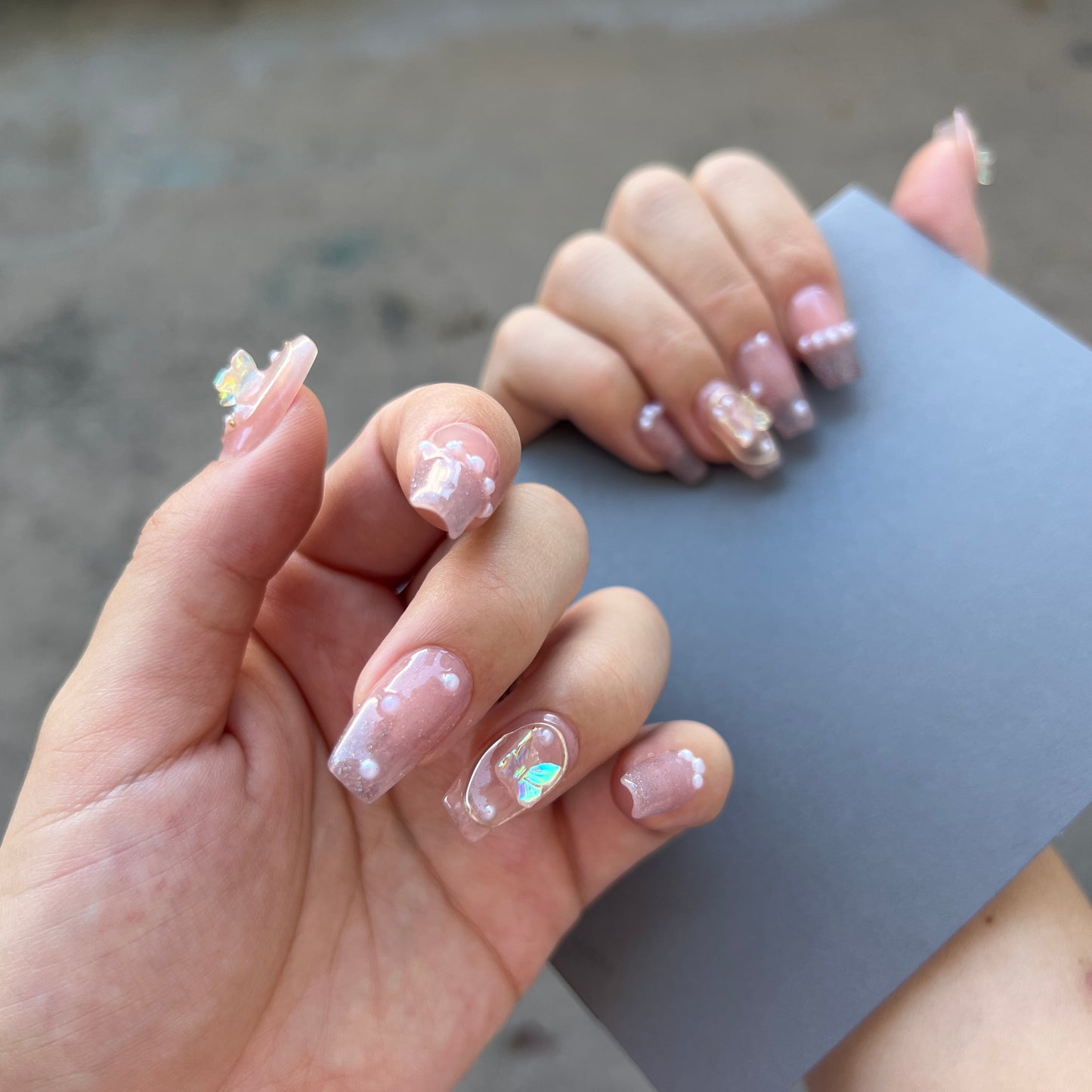 3D Butterfly On The White Pearl Baby Boomer Gel Press on Nail