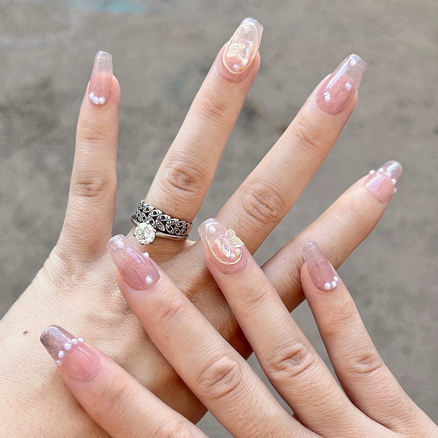 3D Butterfly On The White Pearl Baby Boomer Gel Press on Nail